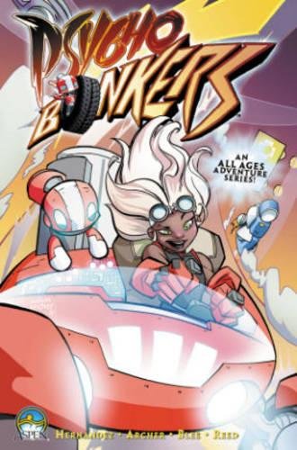 Comic book cover featuring a red car, robots, and a girl with white hair.