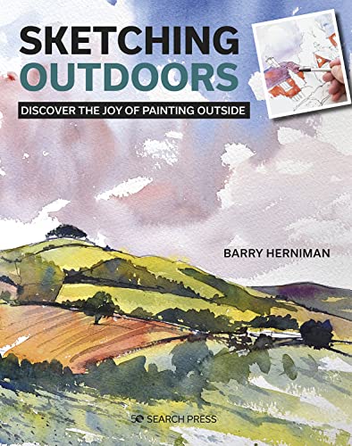 Book cover: watercolor landscape painting with title "Sketching Outdoors".