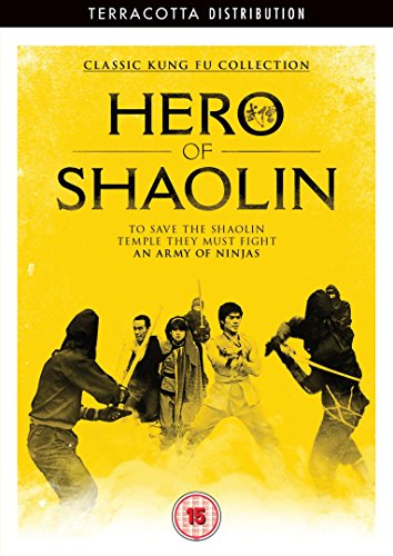DVD cover for "Hero Of Shaolin" featuring figures with swords on yellow.