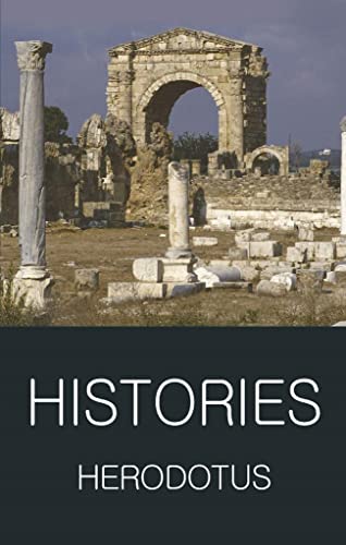 Book cover for "Histories" by Herodotus with ancient ruins background.