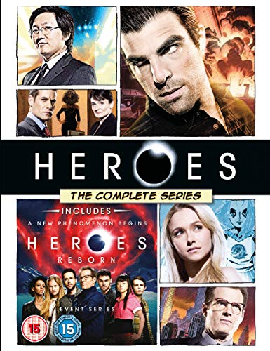 Heroes: The Complete Series" Blu-ray cover featuring cast portraits and action scenes.