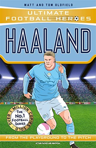 Book cover featuring footballer Erling Haaland in a light blue kit.