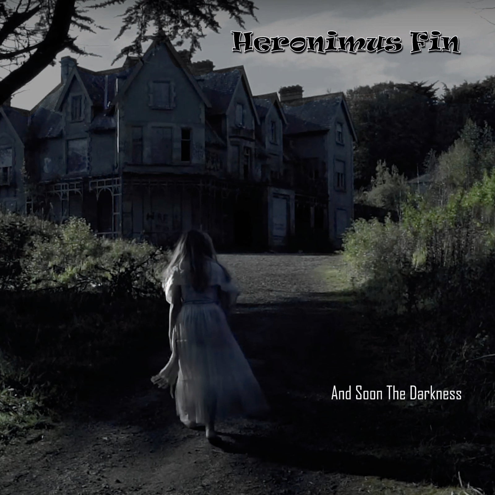 Dark, gothic mansion with a figure walking away on a path.