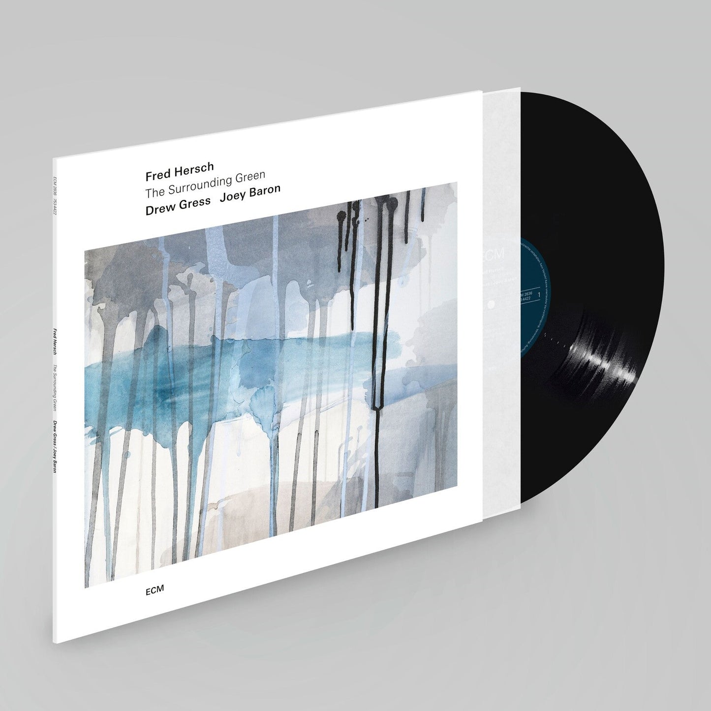 Vinyl record with abstract watercolor painting of green and blue hues.