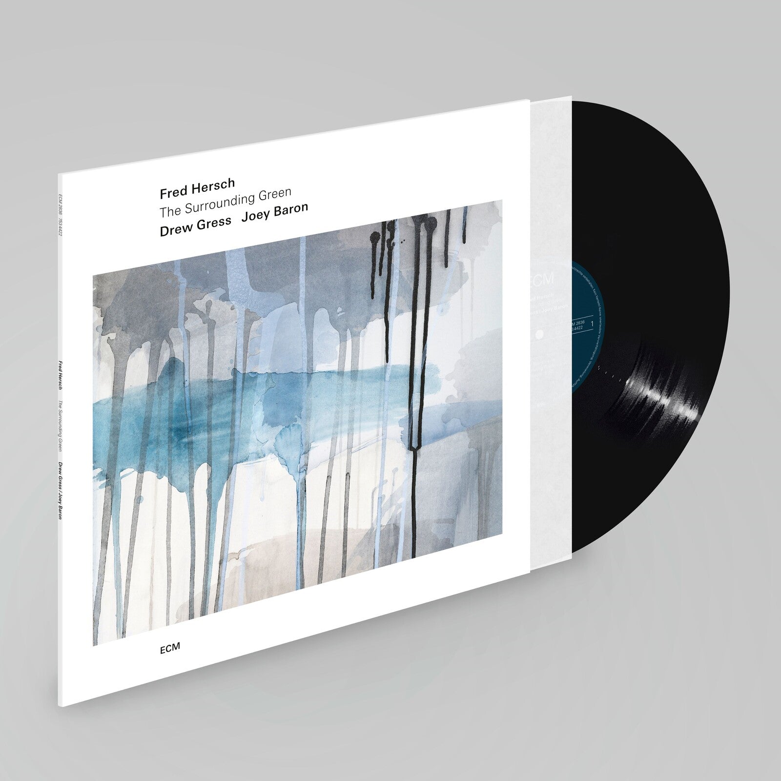 Vinyl record with abstract watercolor painting of green and blue hues.