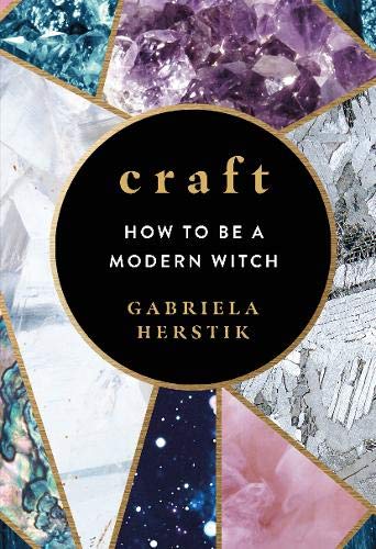 "Book cover with black circle, gold text, and surrounding images of crystals and mystical elements."