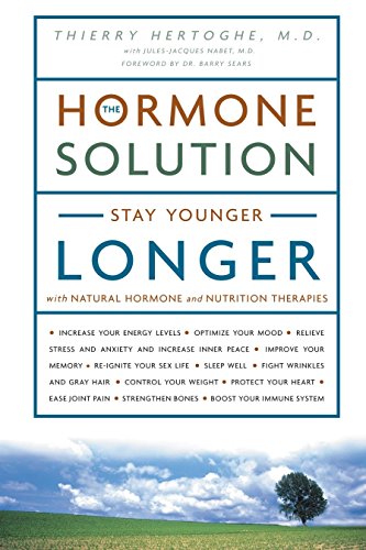 Book cover: "The Hormone Solution" with blue and white text, green field background.