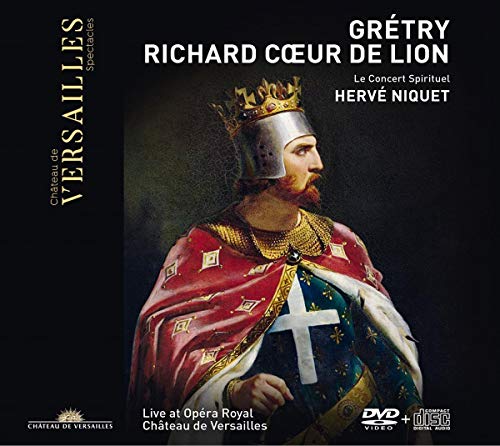 A medieval king in armor and red cloak on a black CD/DVD cover.
