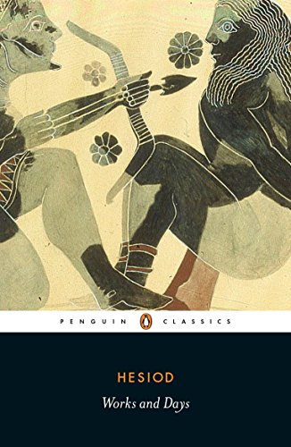 Book cover: "Works and Days" by Hesiod, featuring ancient Greek pottery art.