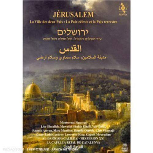CD cover depicting Jerusalem’s skyline with text in multiple languages.