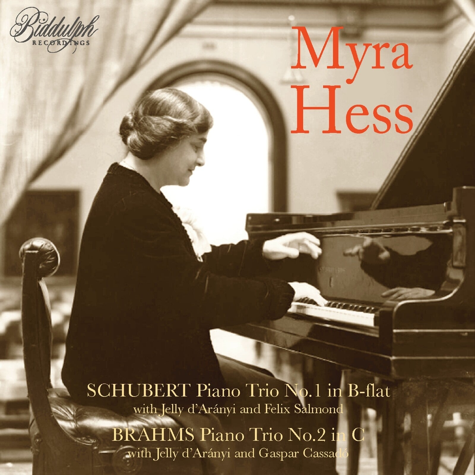 Sepia-toned CD cover featuring pianist Myra Hess at a grand piano.