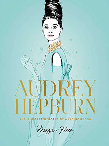 Illustrated portrait of Audrey Hepburn in a blue dress and updo hairstyle.