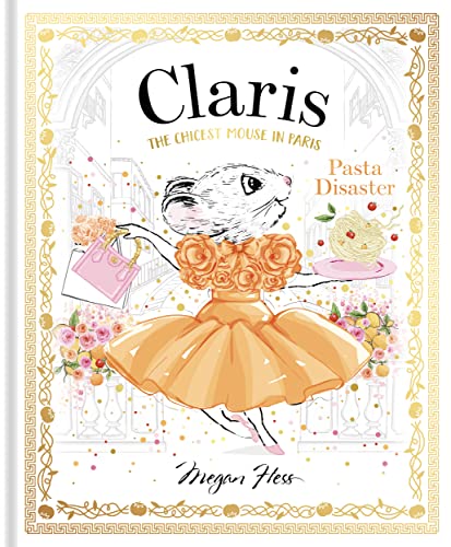 Claris the mouse in orange dress, holding a bag and pasta.