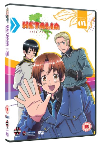 DVD cover for Hetalia Axis Powers featuring three anime characters against a colorful background.