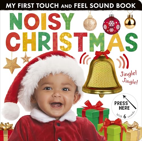 Baby in Santa hat with colorful Christmas decorations and sound button.