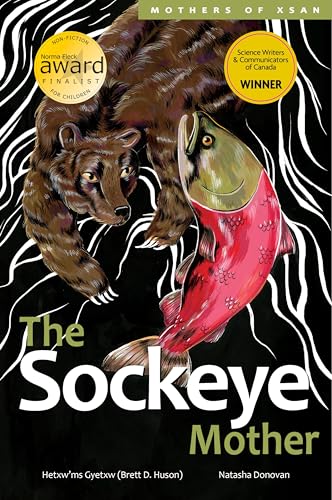 Book cover: bear holding a sockeye salmon, black and white waves.