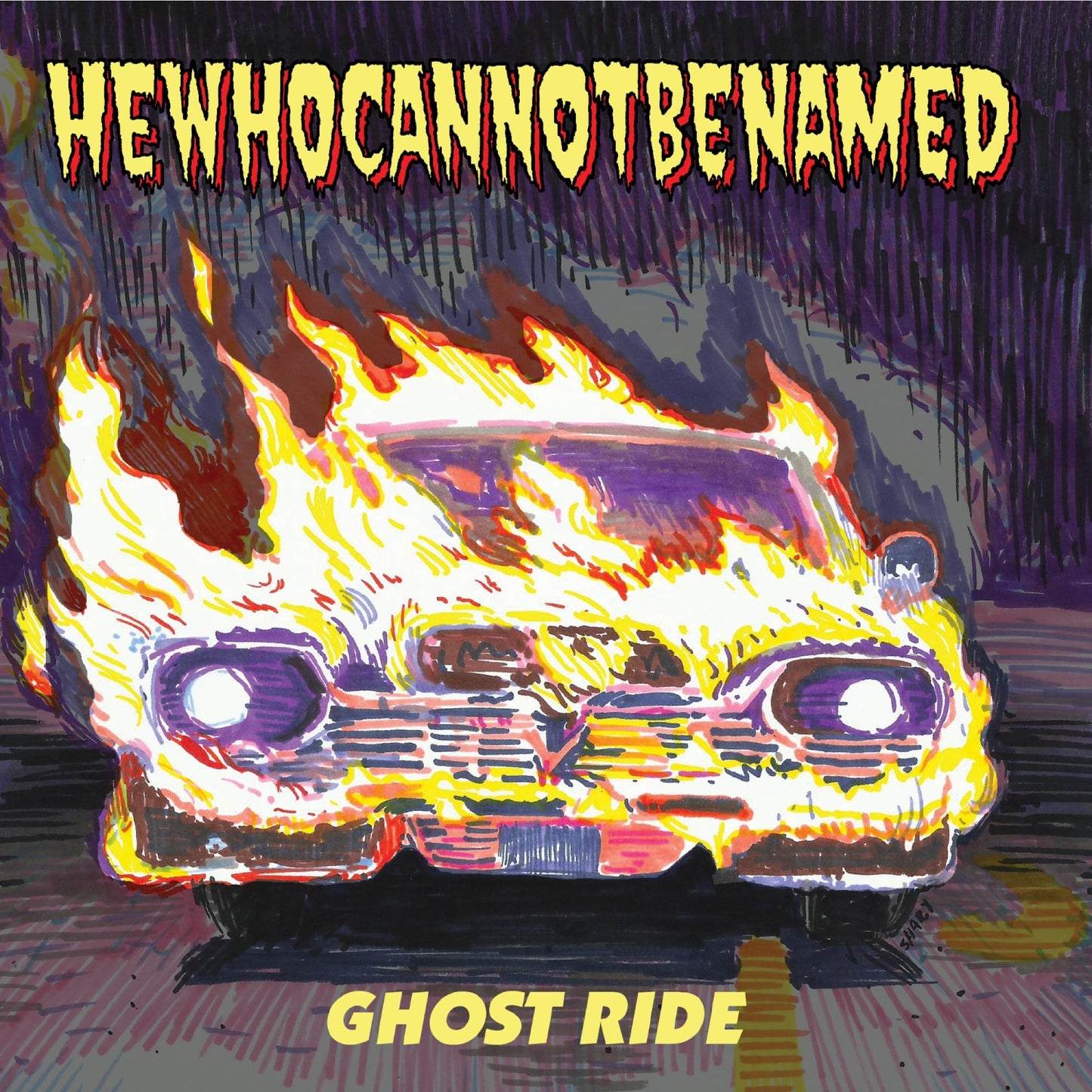 Painted album cover featuring a burning car with ghostly figures.