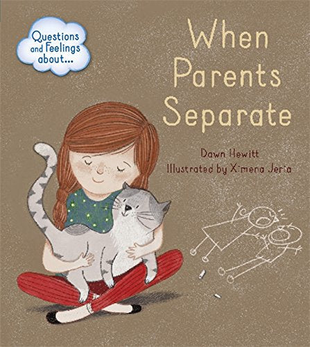 Book cover: girl hugging a cat, illustration about parental separation.