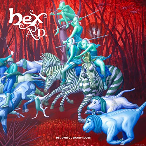 Album cover: blue figures riding zebras in a red forest.