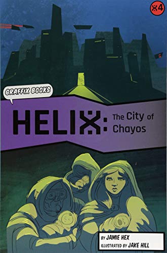 "Book cover with futuristic cityscape and hooded figures, titled 'Helix: The City of Chayos'."