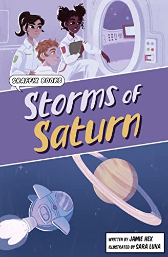 Book cover depicting three young astronauts and Saturn with rings.