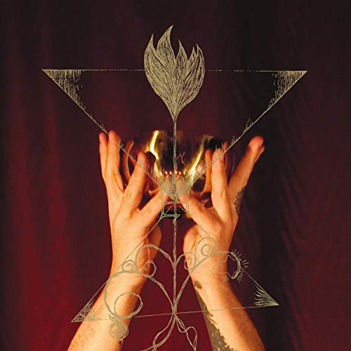 Hands holding a chalice with flames, overlaid with golden geometric designs.