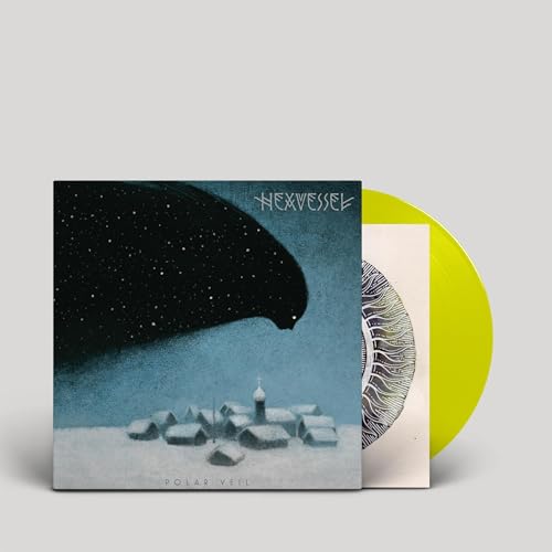 Hexvessel "Polar Veil" vinyl record with wintry album art and yellow disc.