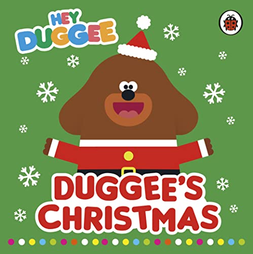 Duggee, a brown bear, wears a Santa hat on a green, snowy background.