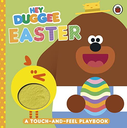 Hey Duggee Easter touch-and-feel book cover featuring Duggee holding a colorful striped egg.
