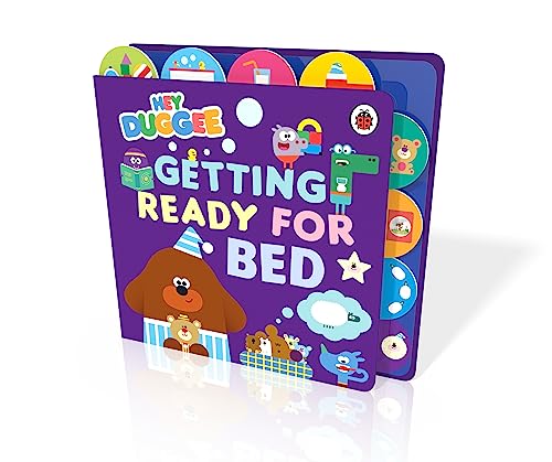 Hey Duggee tabbed board book, purple cover with characters preparing for bed.