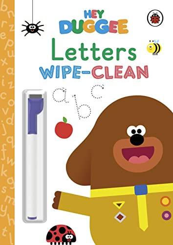 Hey Duggee wipe-clean book with letters, pen, and Duggee character.