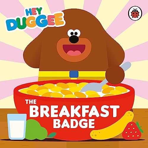 Duggee peeks over a large bowl of cereal with breakfast items.
