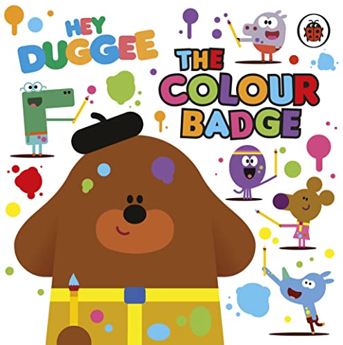 Hey Duggee book cover with colourful spots and cartoon characters.