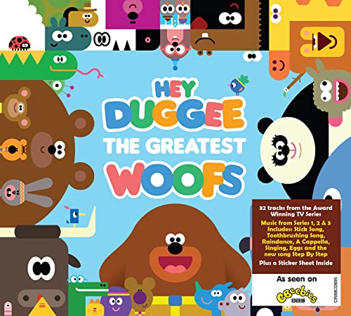 Hey Duggee CD cover with colorful cartoon characters and title text.