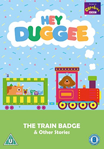 Hey Duggee DVD cover featuring Duggee driving a colorful train with animal passengers.