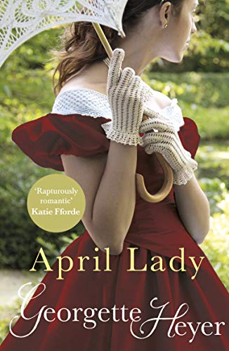Regency romance novel cover featuring a woman in a red dress with a parasol.
