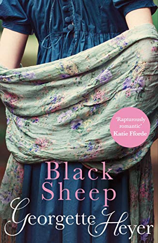 Book cover: woman in blue dress with floral shawl, title "Black Sheep".