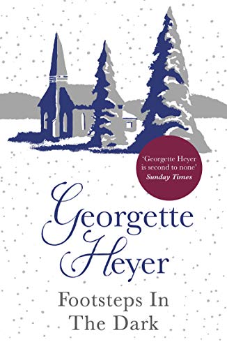 Book cover: snowy village scene with church, title “Footsteps in the Dark”.