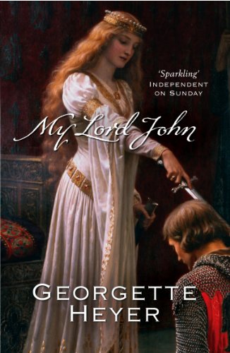 Book cover: woman in medieval dress, kneeling man, sword, title “My Lord John”.