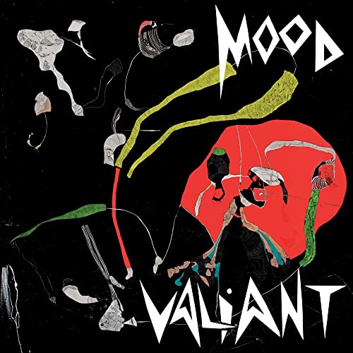 Album cover for Hiatus Kaiyote’s “Mood Valiant” with abstract red, black, and green art.
