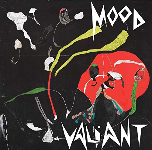 Album cover for Hiatus Kaiyote’s “Mood Valiant” with abstract red, yellow, and white shapes.