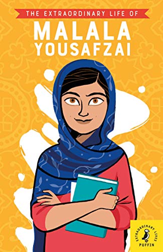 "Book cover featuring cartoon Malala Yousafzai with books, wearing a blue headscarf, on orange background."