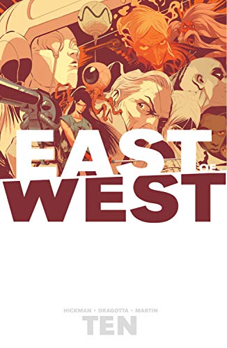 Cover of "East of West Volume 10" graphic novel with diverse characters.