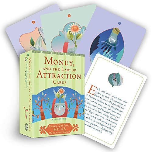 Card deck titled “Money, And The Law Of Attraction” with floral illustrations.
