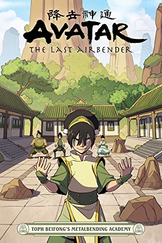 Toph Beifong stands in the foreground of a courtyard with students at her academy.