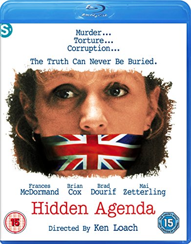 Blu-ray cover for "Hidden Agenda" featuring a woman with a flag over her mouth.