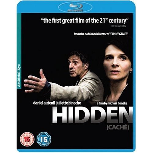 Blu-ray cover for "Hidden" featuring a man and woman in shadow.
