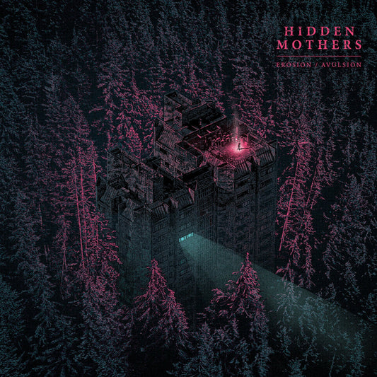 A dark brutalist building in a forest with pink lighting and a bright spotlight.