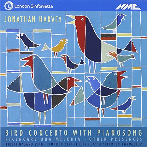 Colorful abstract birds on a blue grid background, titled "Bird Concerto with Pianosong."