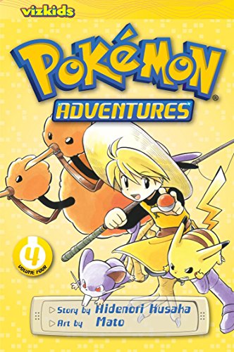 Cover of Pokemon Adventures volume four featuring Yellow, Pikachu, and other Pokemon characters.